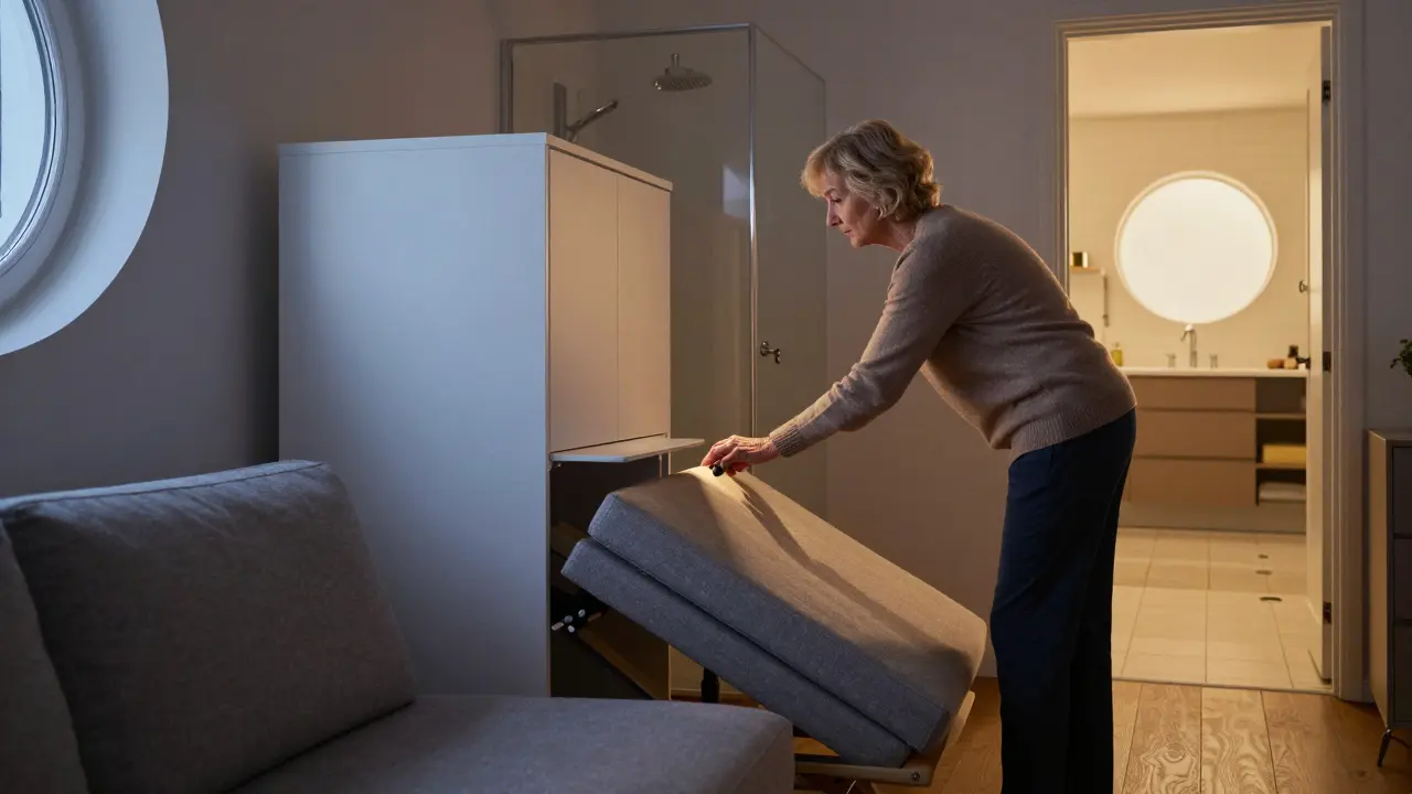 Žena přeměňuje gauč na postel pomocí skrytého mechanismu v malém bytě s chytrým osvětlením.