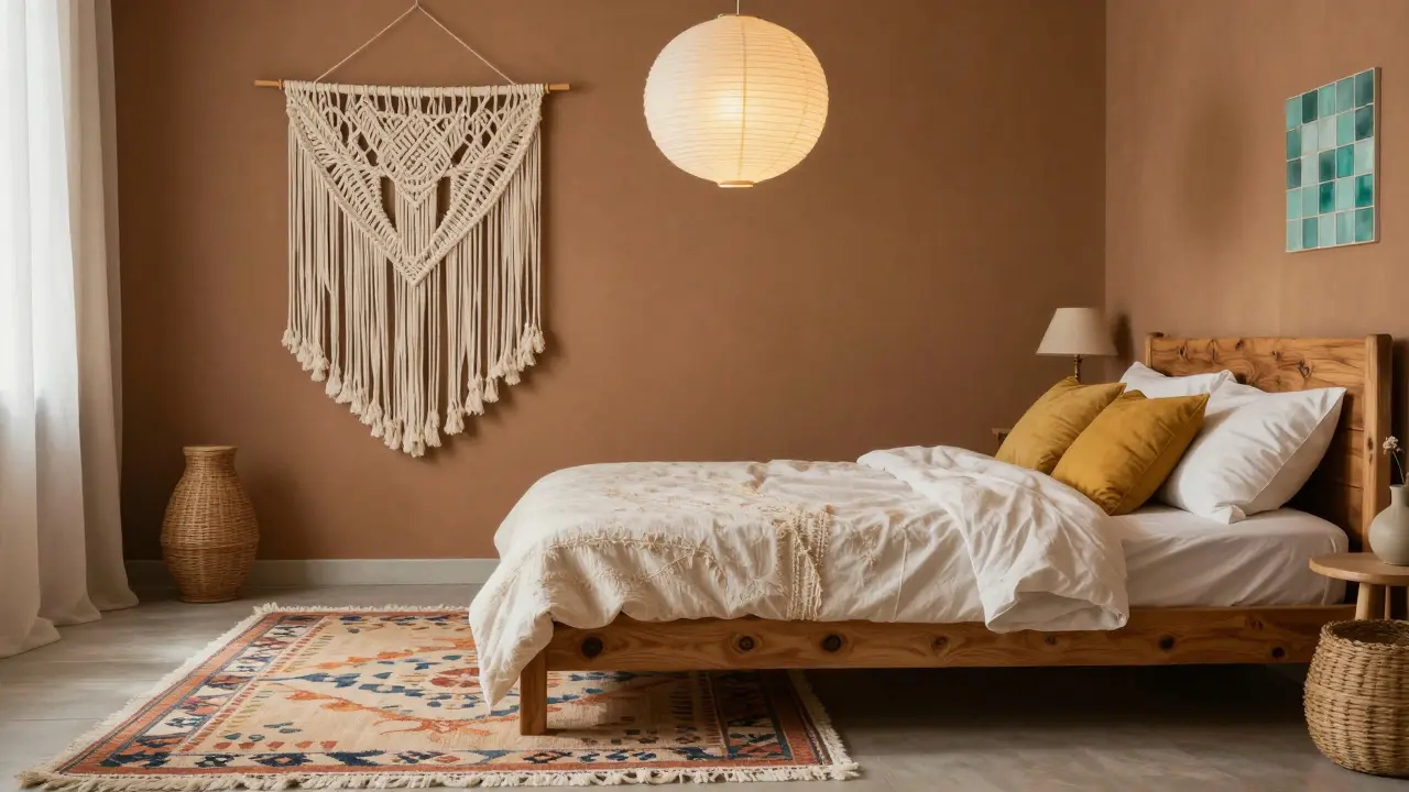 Bohémská ložnice s karamelovými stěnami, klimským koberečkem a jemně zelenými a žlutými polštáři.
