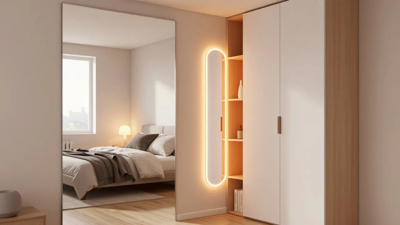 Celovýškové zrcadlo v malé ložnici zvětšuje prostor a odráží postel, lampu a teplé LED světlo z šatníku.