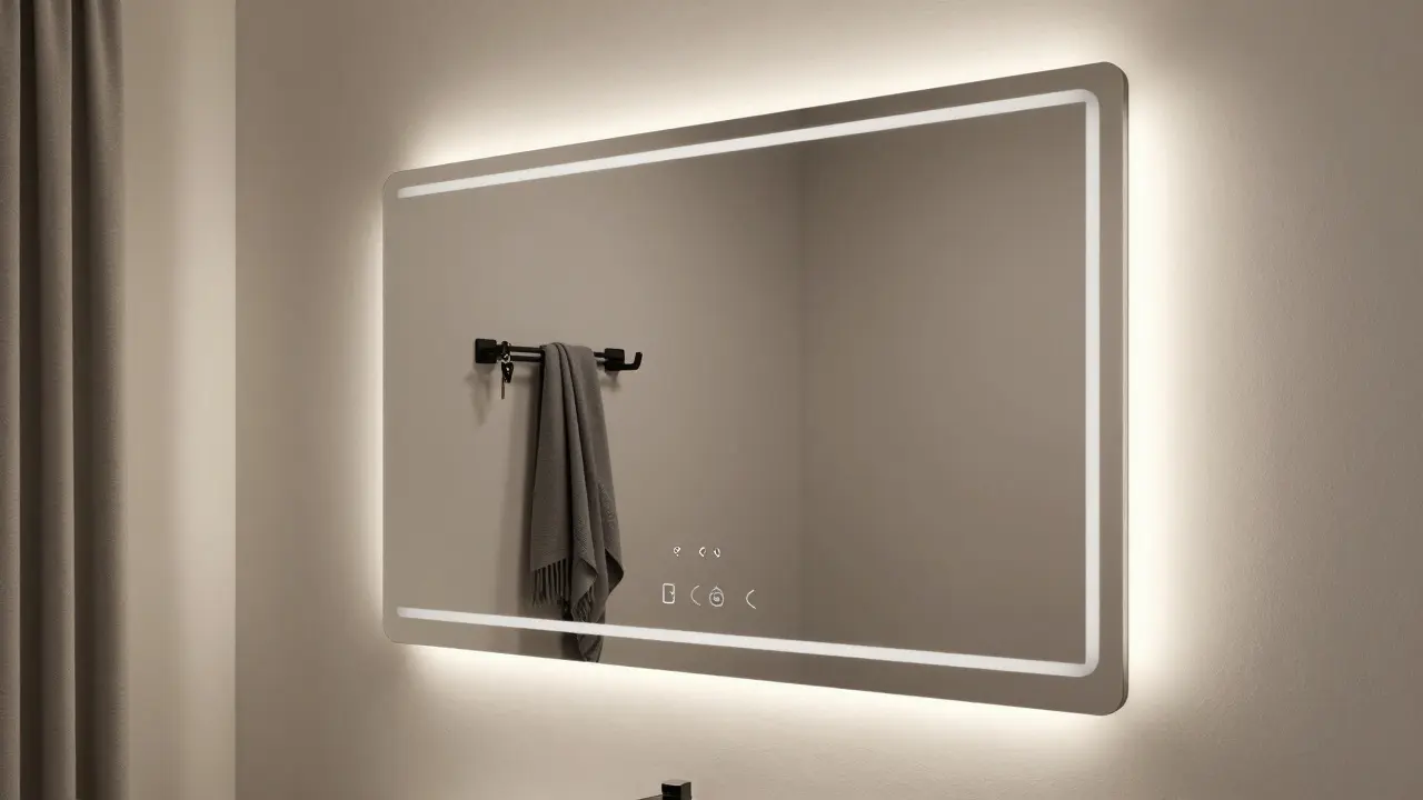 Chytré zrcadlo s topnou fólií, USB zásuvkami a výsuvnými držáky pro ručníky, integrované do stěny moderního bytu.