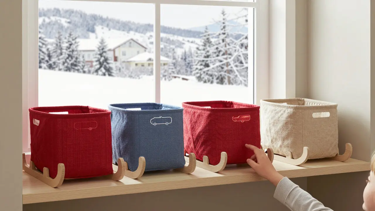 Dětské koše ve tvaru saní v pokoji s hračkami, barevně kódované pro autíčka a panenky