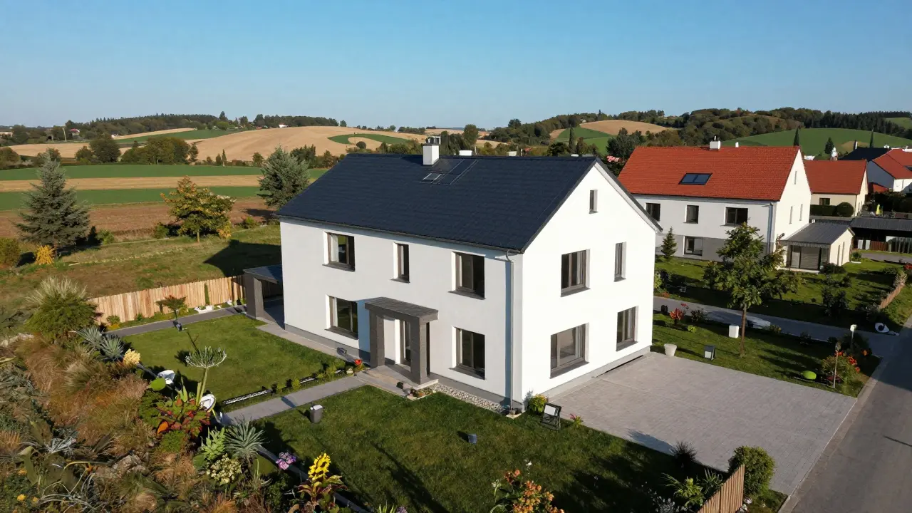 Dronový pohled na rodinný dům v Brně s okolní zahradou.