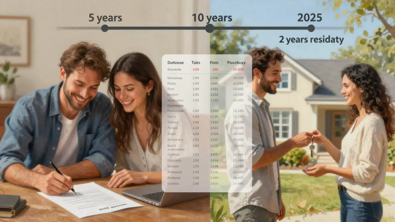 Dvě scény: koupě domu v roce 2018 a jeho prodej v roce 2025 s časovou osou osvobození od daně