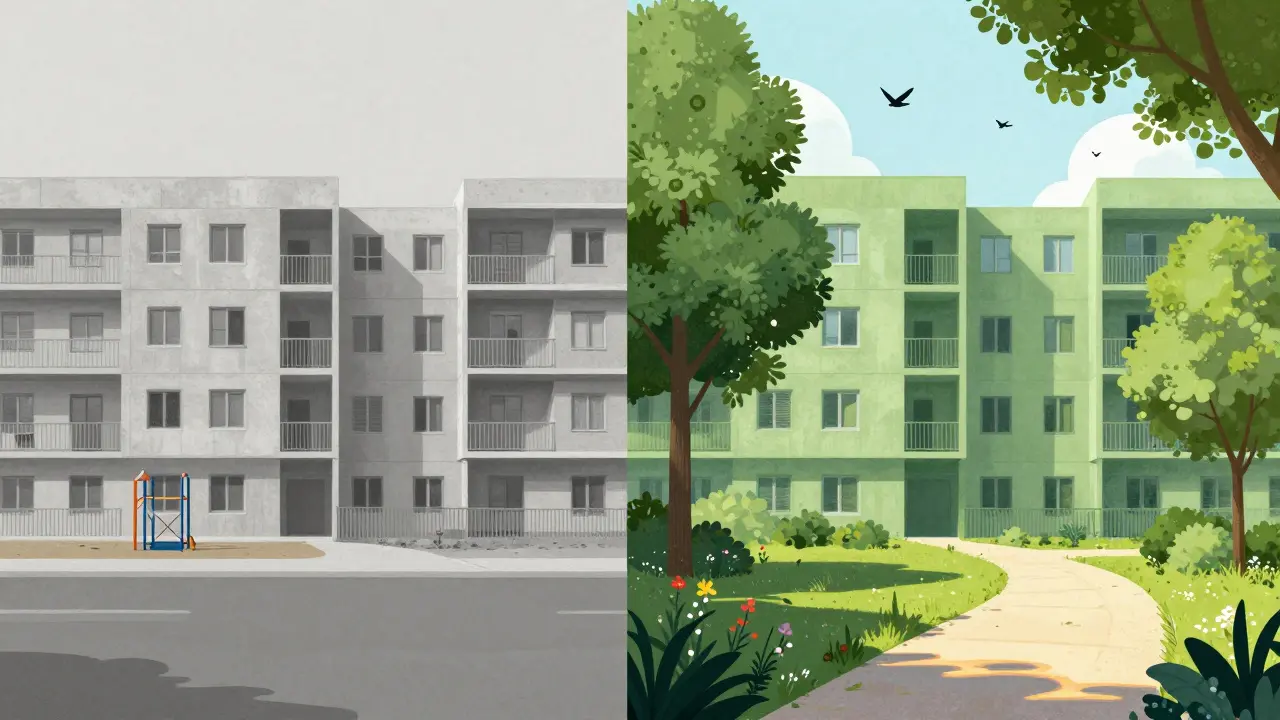 Dvě stejné bytovky: jedna v šedém betonovém prostředí, druhá v živé zelené zóně s stromy a chodníky.