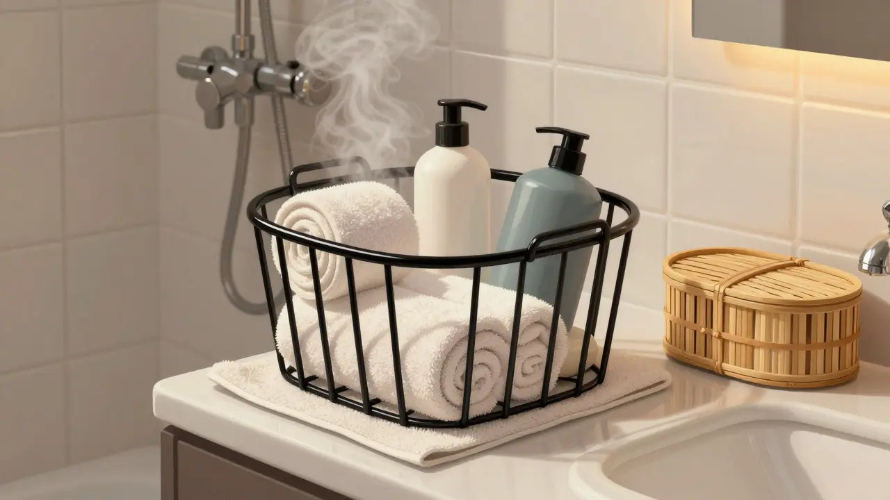 Kovový koš s ručníky v koupelně s froté podložkou a bambusovým víkem