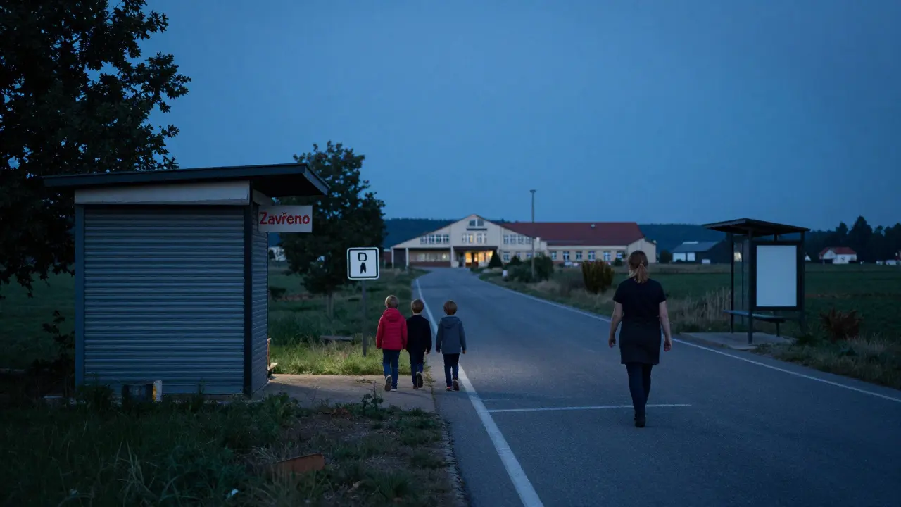 Matka s dětmi jdoucí k vzdálené škole, zatímco uzavřená prodejna a prázdná zastávka symbolizují izolaci venkova.