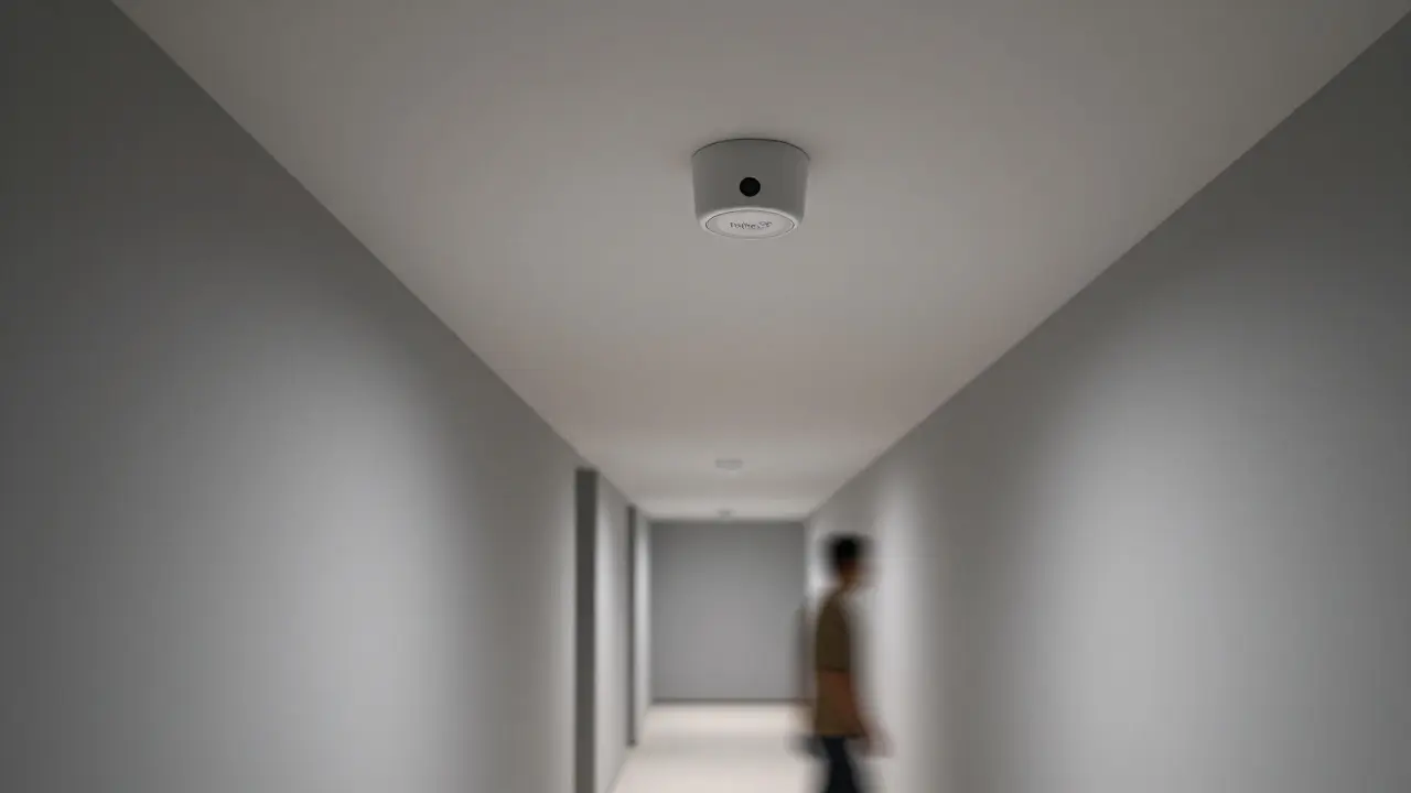 Moderní senzorové světlo na stropě chodby s čistým designem a aktivním detektorem pohybu.