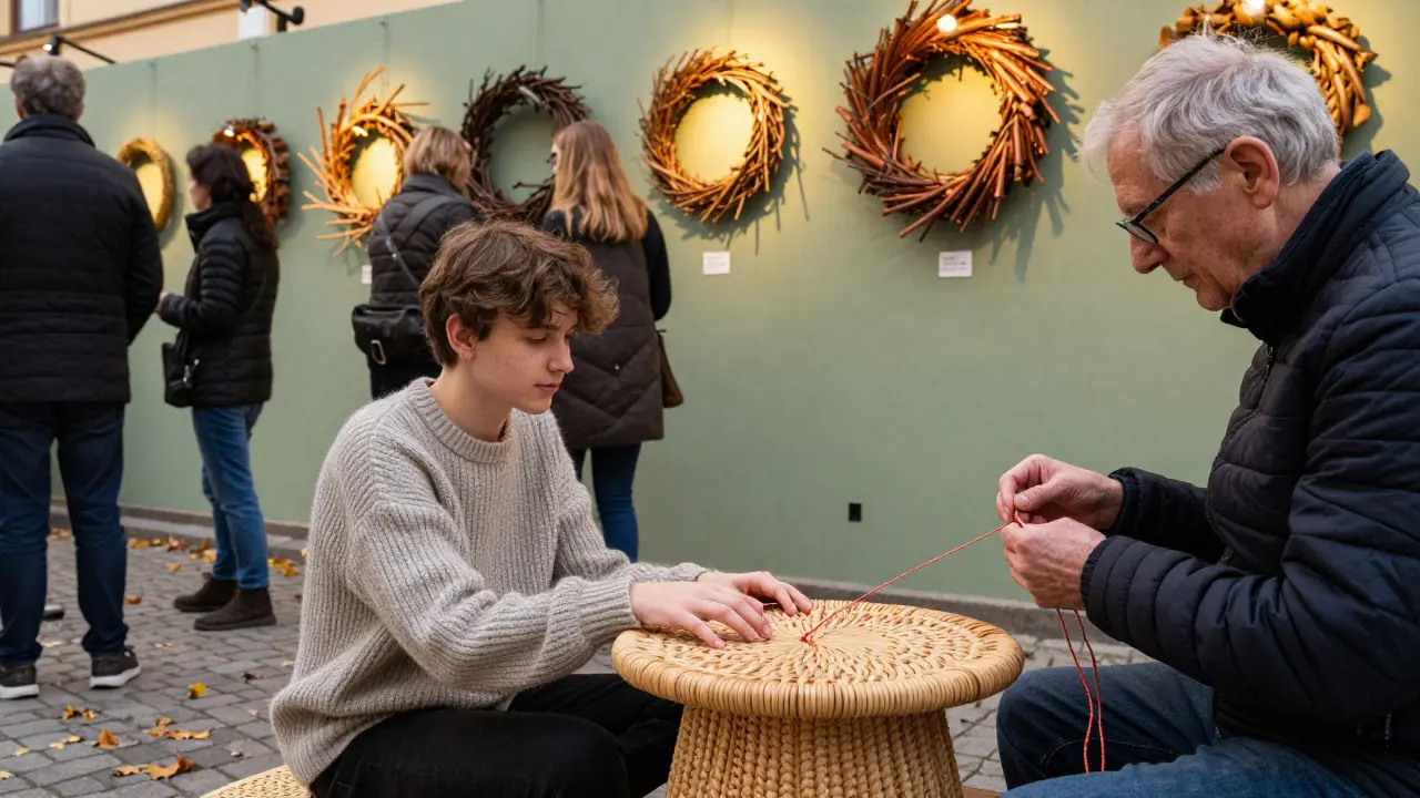 Návštěvníci na výstavě Krásná práce dotýkají se ručně pleteného nábytku a přírodních věnců.