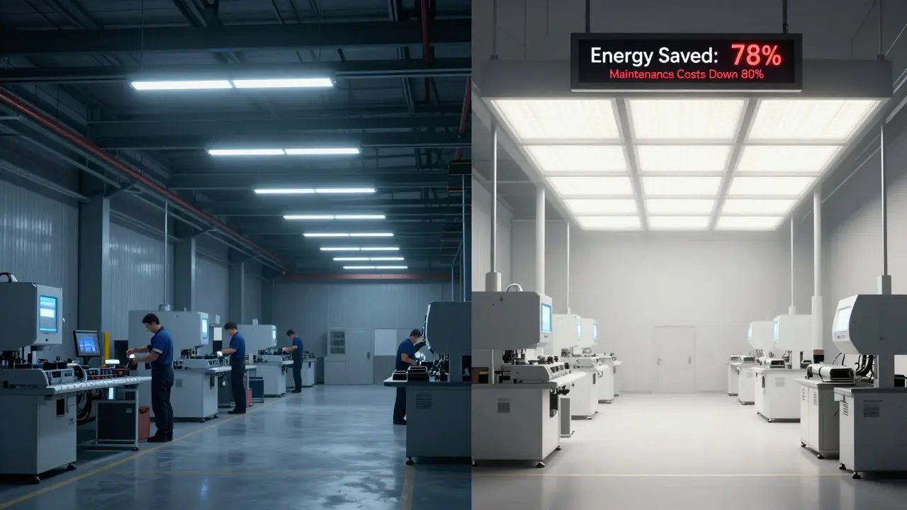 Průmyslová hala v Česku: po levé straně zářivky, po pravé straně LED osvětlení s úsporou energie.