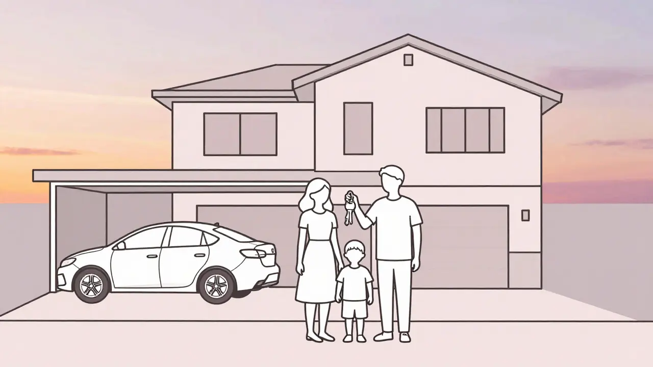 Rodina přebírá klíče k bytu s zdarma garáží při západu slunce.