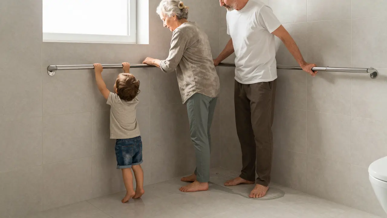 Rodina v koupelně na bezpečné dlažbě R11 V10, dítě a starší osoba se opírají o zábradlí.