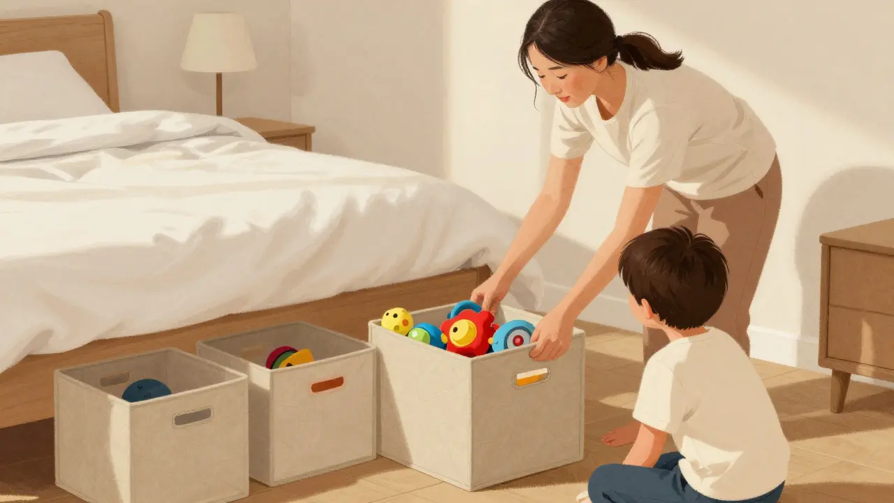 Rodina vytahuje textilní box s hračkami pod postelí v malé bytové ložnici.