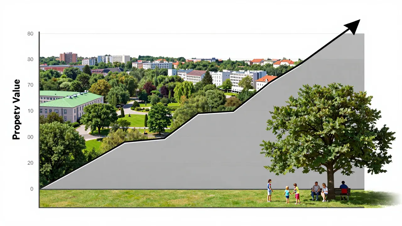 Růst ceny bytů v zelené lokalitě proti šedému městu, rodina sedí pod stromem.