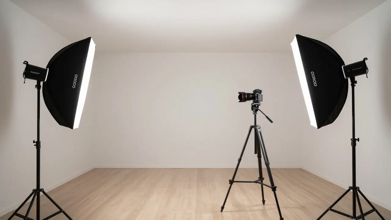 Širokoúhlý snímek místnosti s trojnožkou a rozptýleným osvětlením.