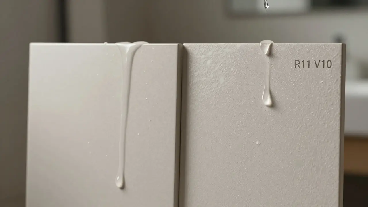 Srovnání dlažby R9 a R11: voda klouže na hladké ploše, ale je absorbována do texturované.