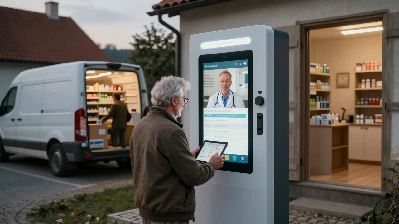Starší muž používající tablet pro online konzultaci s lékařem, zatímco se u jeho domu zastavuje mobilní lékárna.
