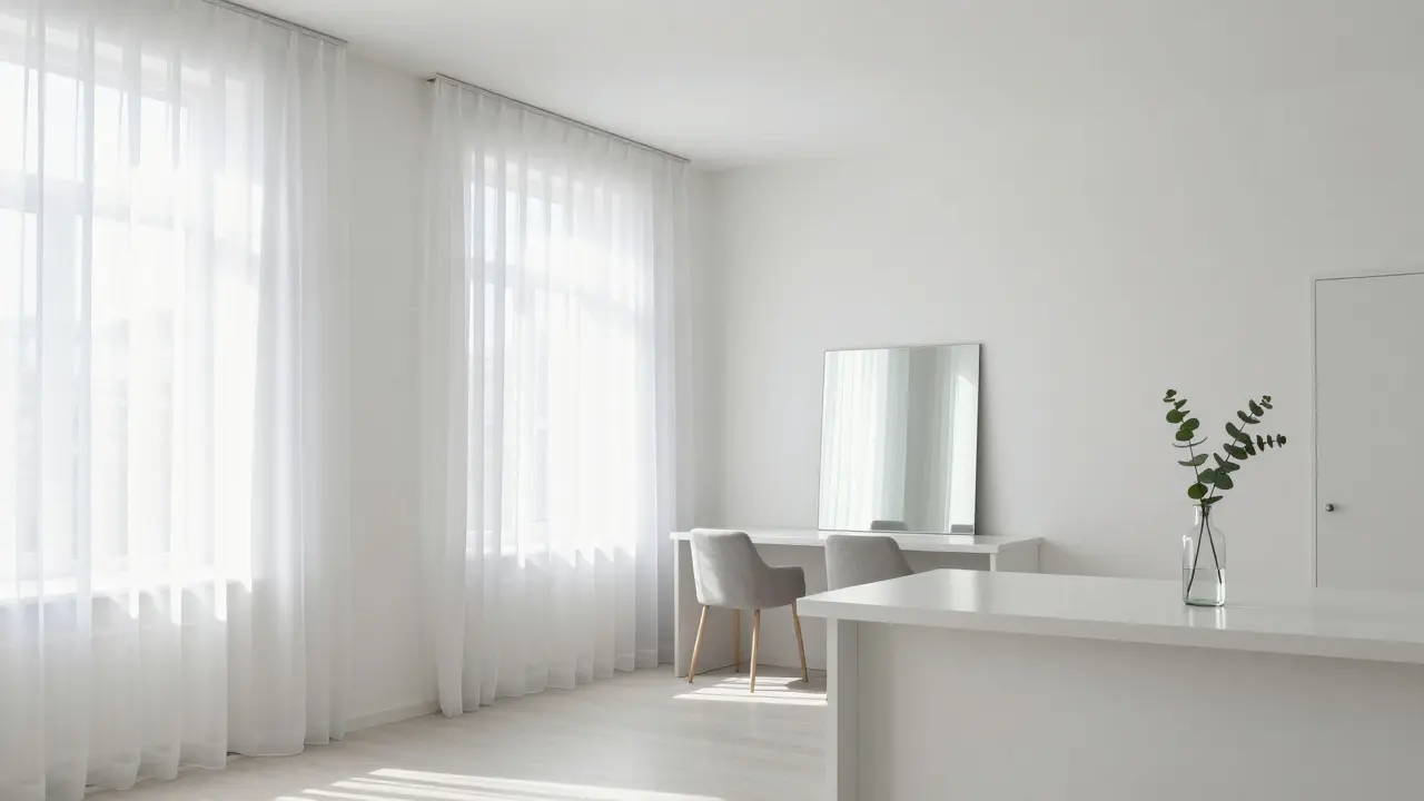 Světlé, minimalistické bytové prostranství s bílými záclonami, zrcadlem a větvičkou v létě.