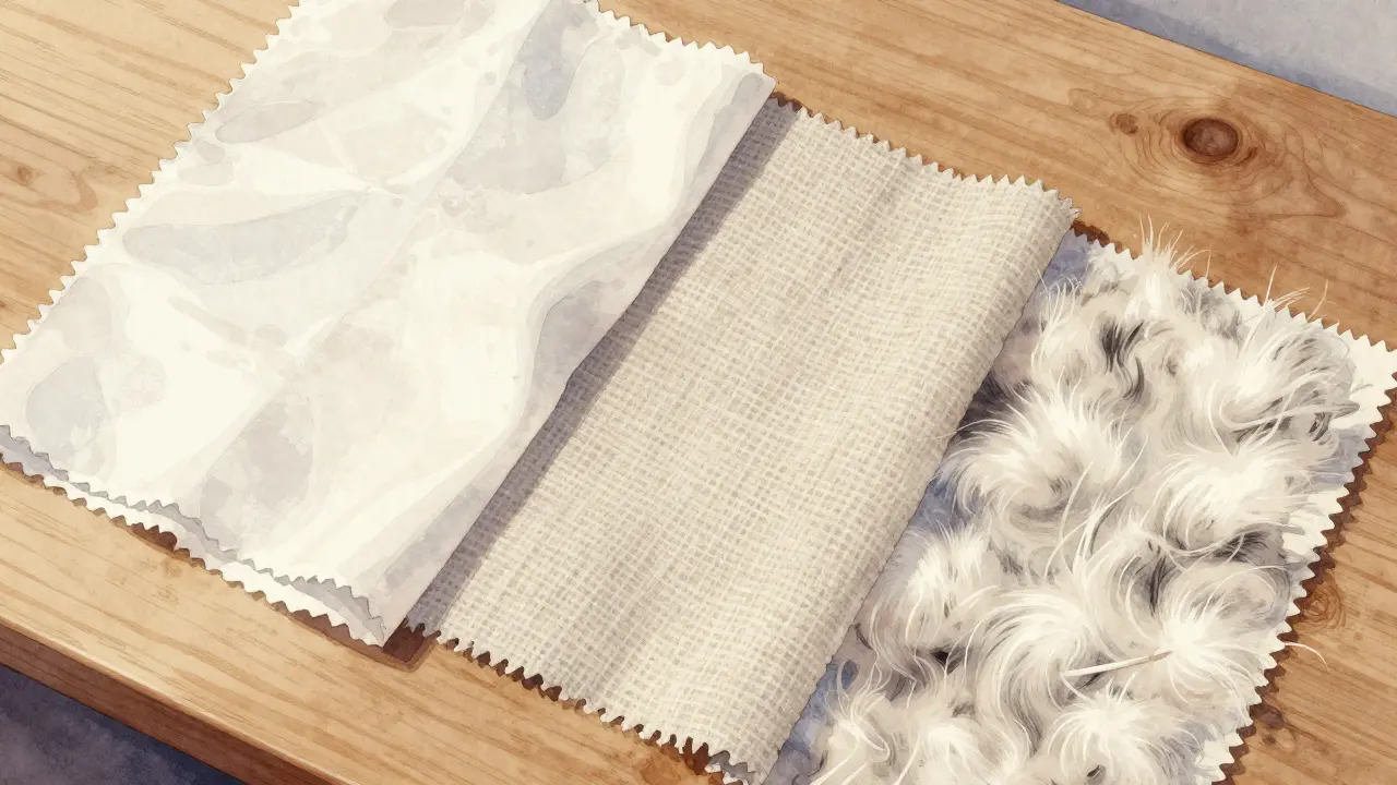 Tři textilní vzorky bavlny, lnu a vlny s detailními texturami