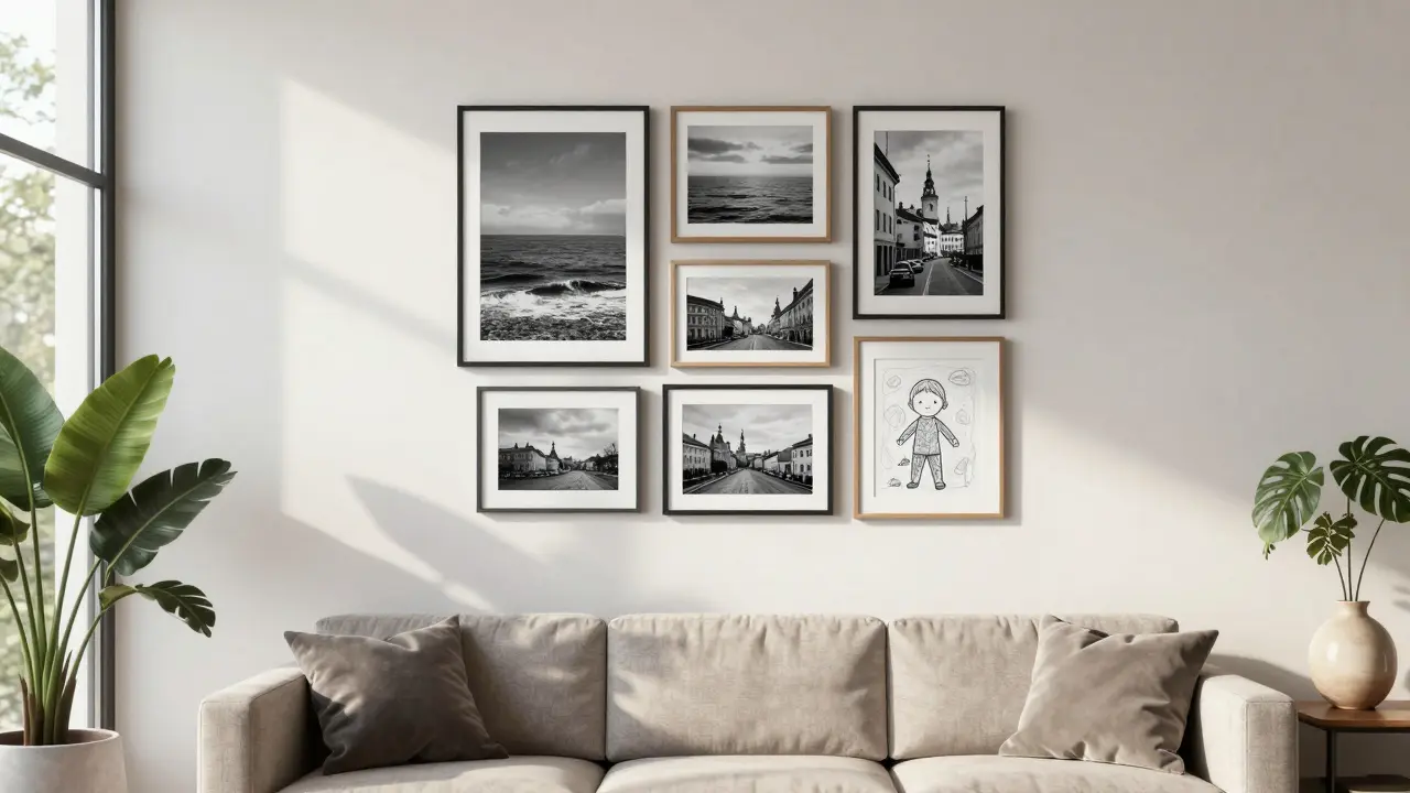 Vertikální kompozice různých obrazů a fotografií nad nízkou sedačkou v moderním obývacím pokoji.