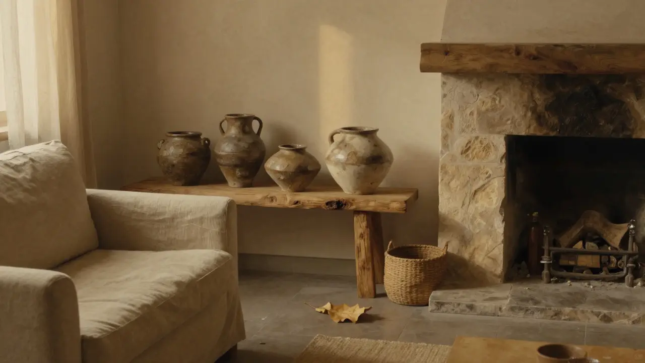 Wabi-sabi prostor s hrubým dřevem, keramikou a suchým listem na podlaze, osvětlený zlatým světlem.