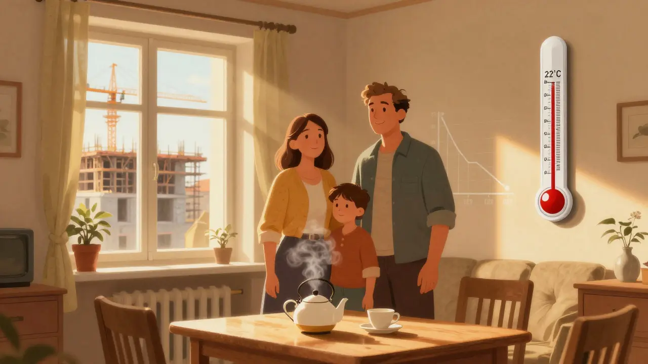Česká rodina v teplém bytě po zateplení, venku je vidět dokončená fasáda a teploměr ukazující 22°C.