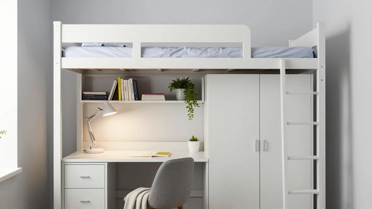 Compact loft bedroom with study desk underneath, wall shelves, and task lamp, designed for small spaces and functionality.