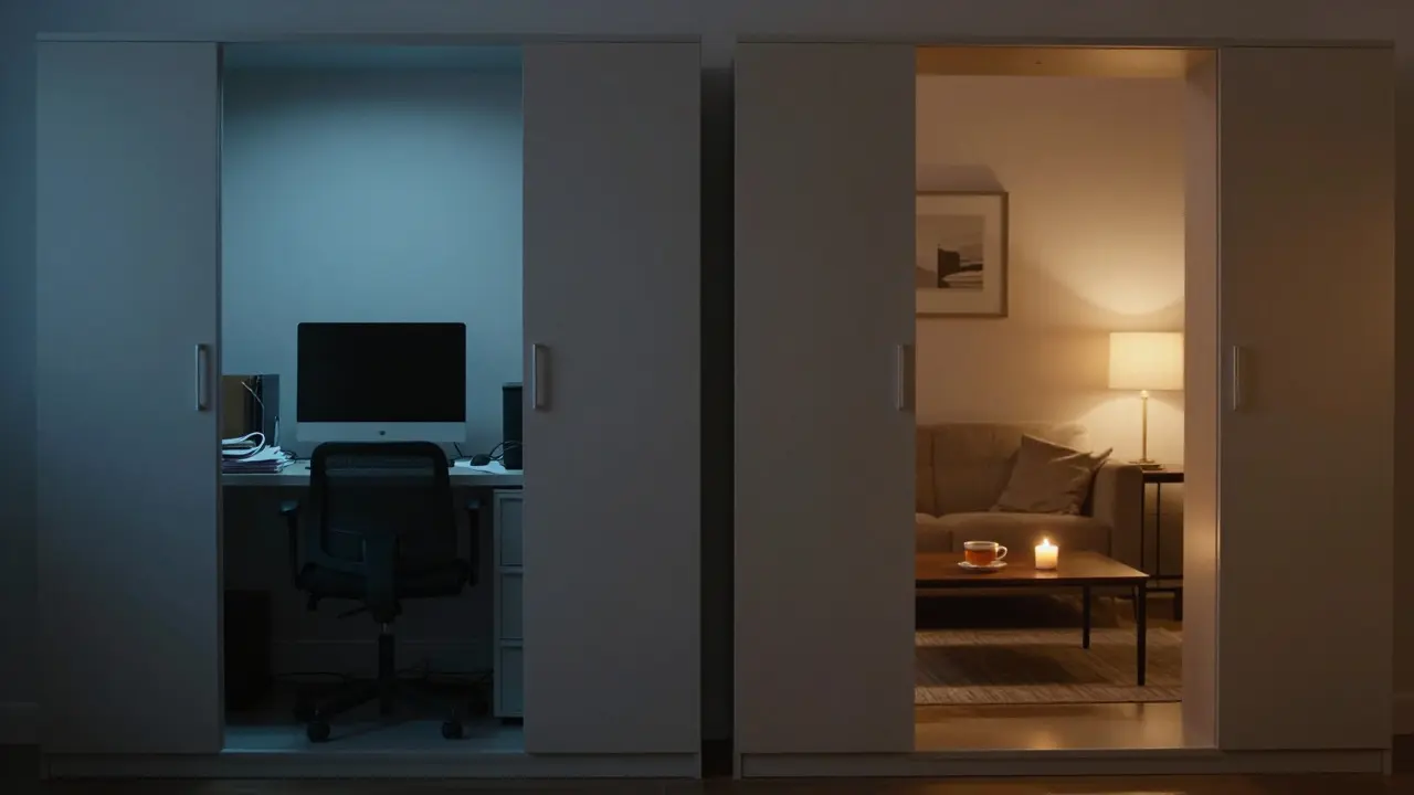 Dvě části obrázku: levá strana s pracovním prostředím, pravá se zavřenou skříní a klidným obývacím pokojem.