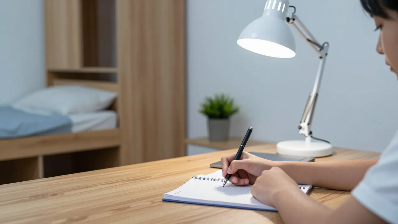 Hands writing at a minimalist desk under cool white lamp, with storage bed and plant in background, no clutter or childish items.