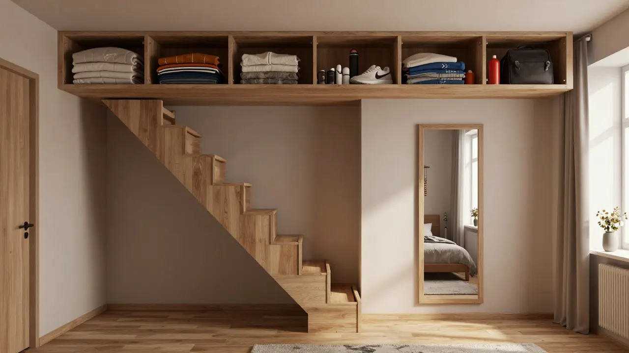 Hidden storage spaces in a small Czech home: under stairs, above doors, and behind a mirror, filled with household items.