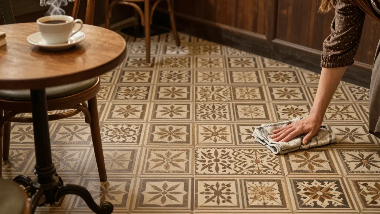 Klasický linoleumový podlaha v české kavárně s geometrickým vzorem a čistící ženou.