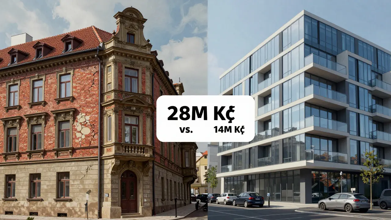 Kontrast mezi historickým a moderním bytem v Praze s cenovým ukazatelem.