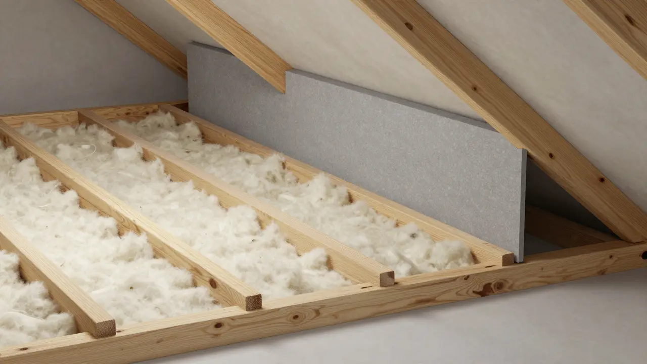 Kráčkový řez konstrukce půdy s izolační vrstvou pro bezpečnost.