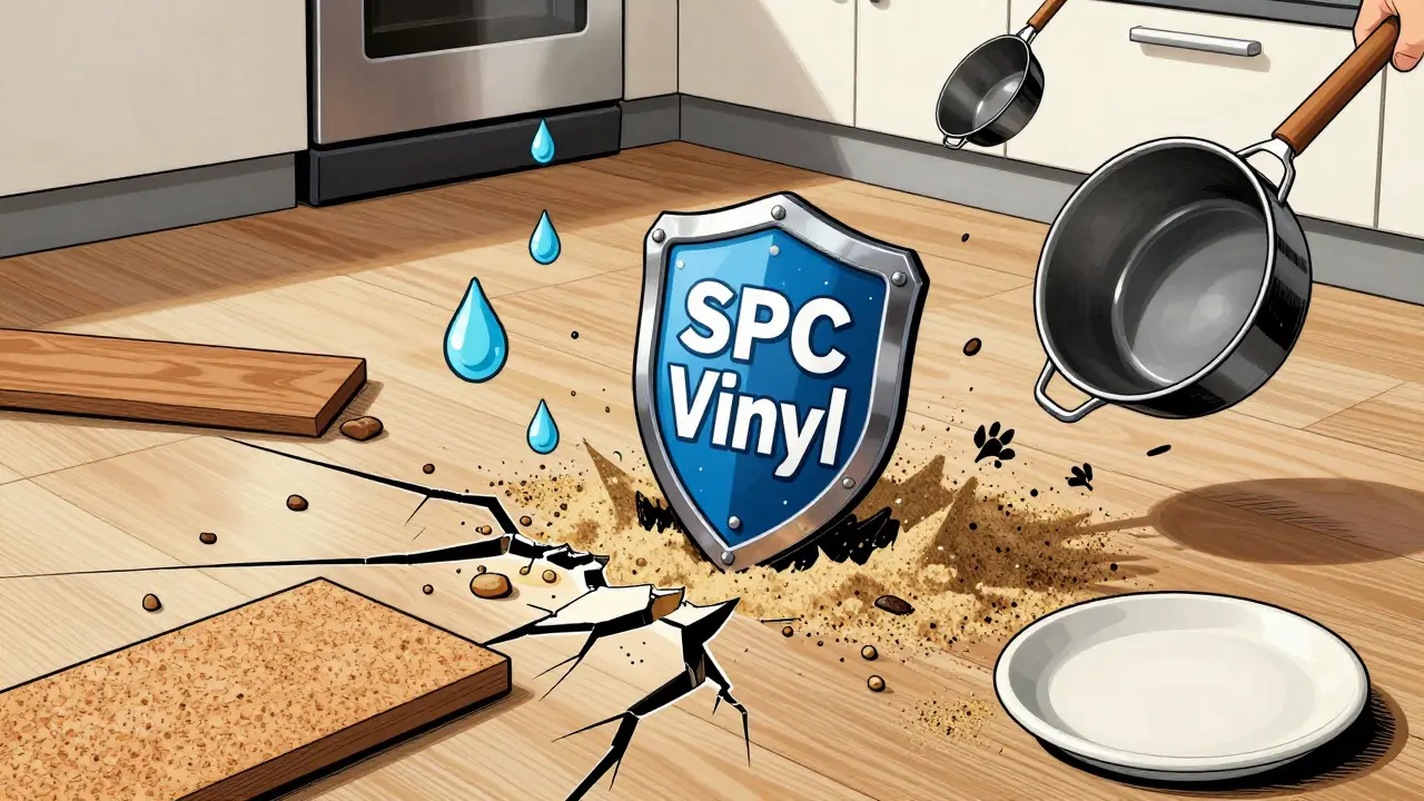 Kuchyňská podlaha jako obranný štít proti běžným poškozením — SPC odrazuje vodu, drápy a těžké předměty.