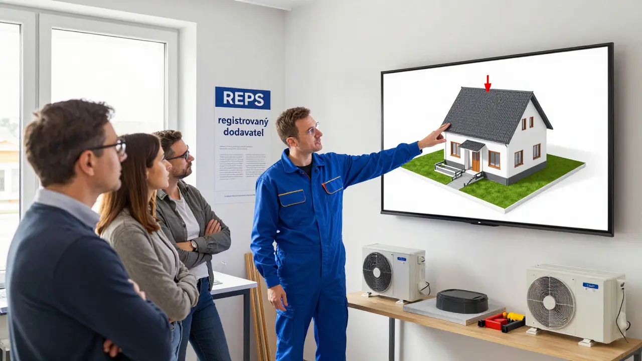 Odborník vysvětluje klientům tepelné ztráty domu pomocí 3D modelu v pracovně