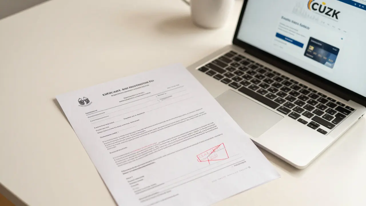 Oficiální výpis z katastru nemovitostí s červeným elektronickým podpisem leží vedle laptopu s potvrzením platby.