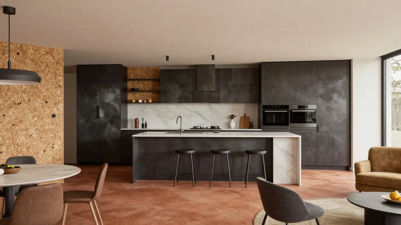 Otevřená kuchyňská linka s ostrůvkem v přirozených zemitých barvách.