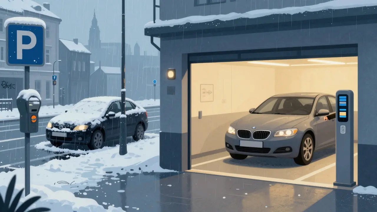 Porovnání nebezpečného parkování na ulici a bezpečného parkování v garáži s výrazným rozdílem v osvětlení a atmosféře.