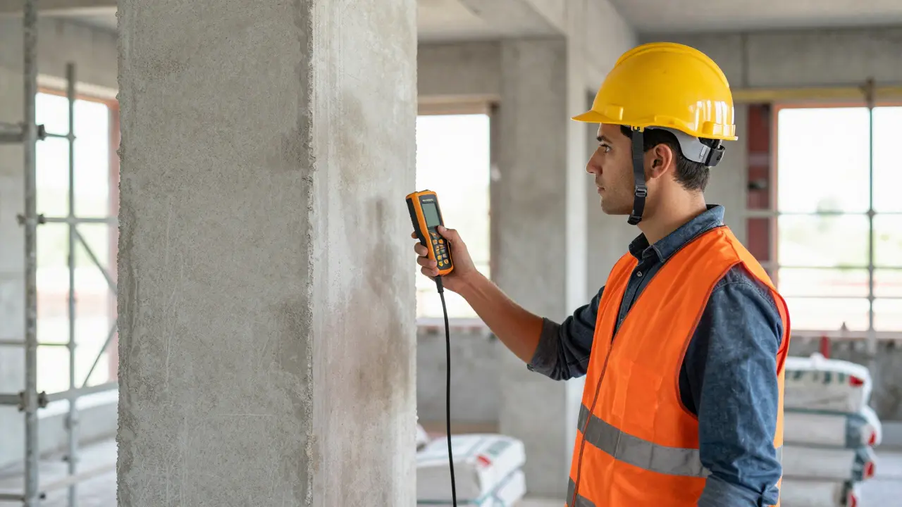Pracovník kontroluje hladkost omítky na stavbě