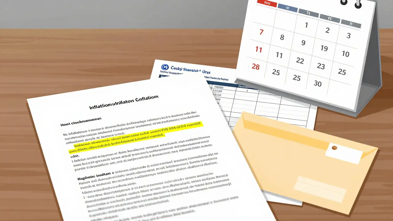 Právní smlouva s výrazně označenou inflační doložkou, kalendář a oficiální data ČSÚ na stole.
