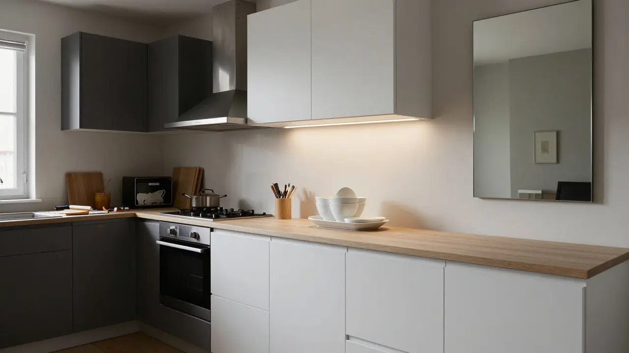 Před a po: zastaralá kuchyně přeměněná na moderní prostor s LED osvětlením a zrcadlem, které zvětšuje dojem prostoru.