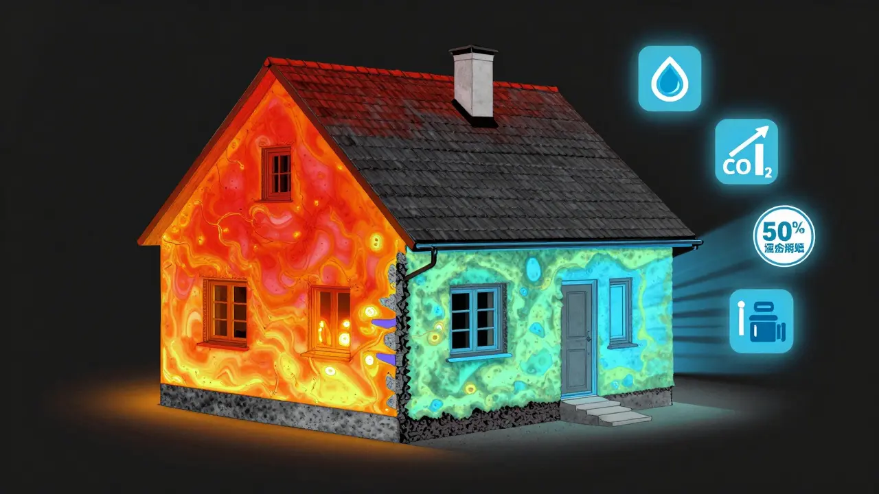 Přehledový výřez domu s tepelnými ztrátami a izolací, která blokuje teplo a snižuje emise CO₂.