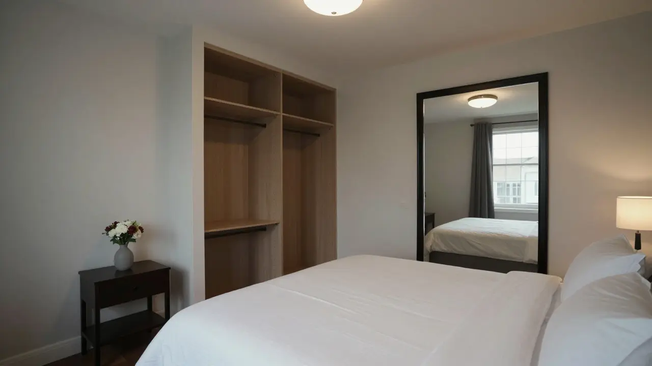 Připravená ložnice s bílými prostěradly, otevřeným škřípkem a zrcadlem, které zvyšuje pocit prostornosti a čistoty.