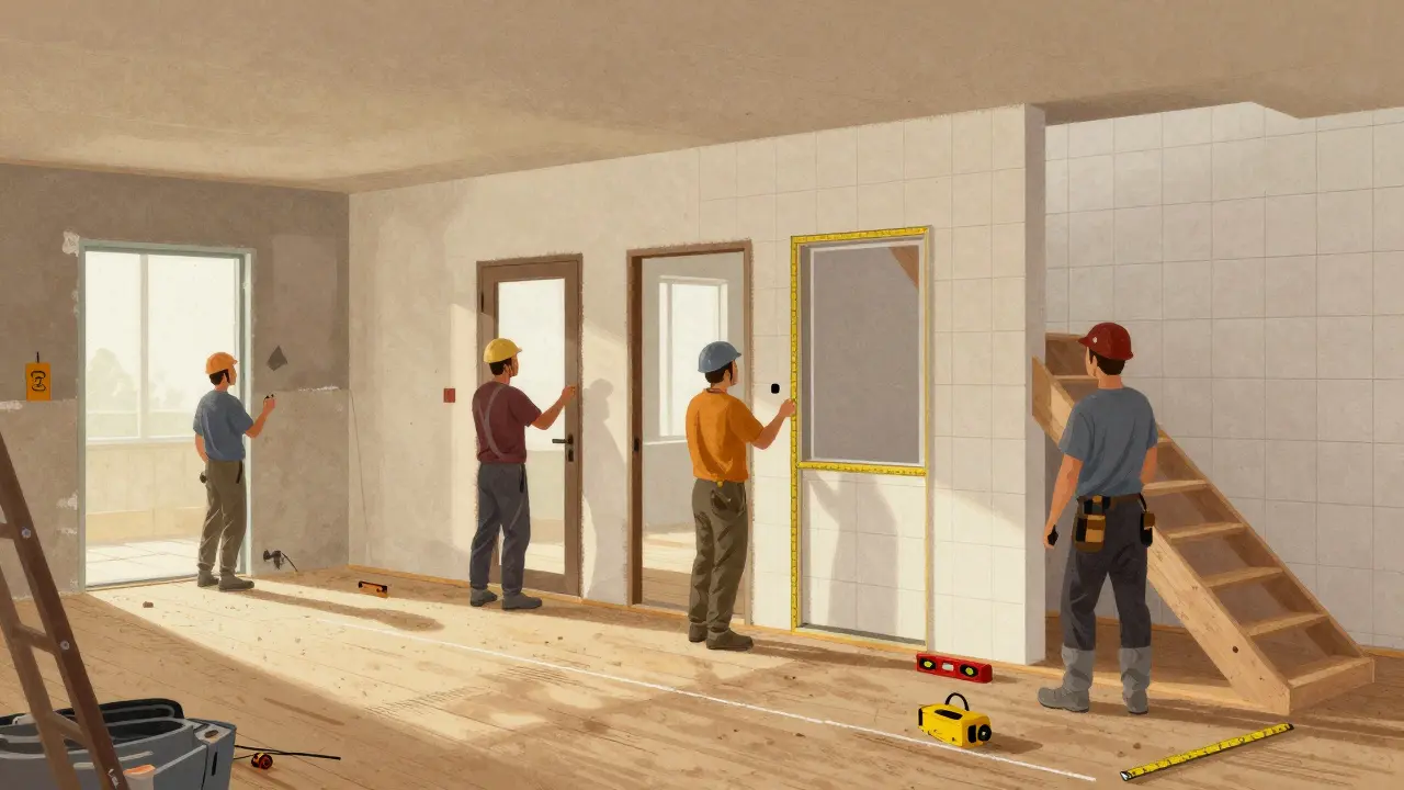 Průběžná posloupnost dokončovacích prací v interiéru: dveře, podlaha, obklady, schody — každý krok v správném pořadí.