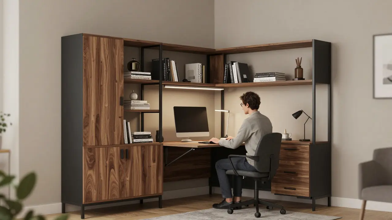 Rohový cloffice s knižnicí a vysunutelným stolem v úhlu bytu, člověk pracuje u klávesnice.