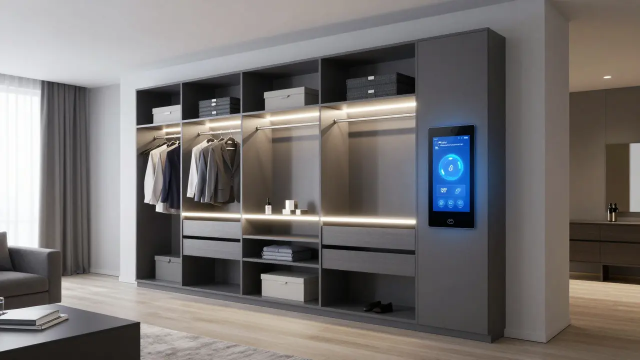 Smart closet with digital interface and LED lighting in a minimalist Czech interior, showing inventory and space usage.