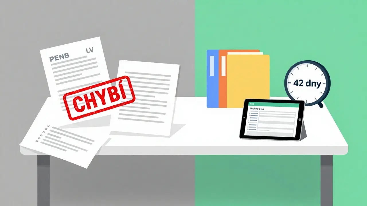 Srovnání chaotického a uspořádaného stolu s dokumenty prodeje nemovitosti – přechod od zpoždění k rychlému prodeji.