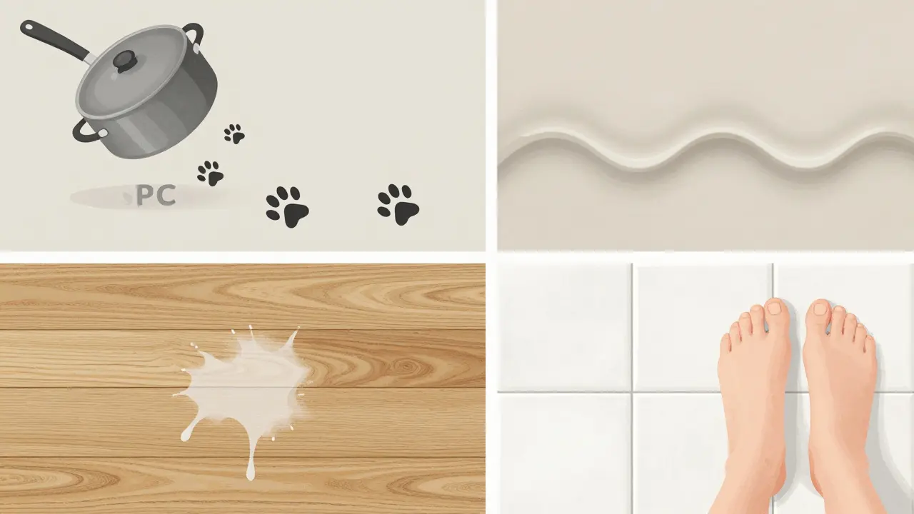 Srovnání čtyř typů kuchyňských podlah: SPC, PVC, dřevo a keramika, každá s typickými poškozeními.