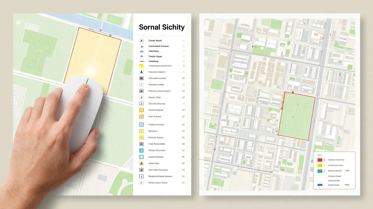 Srovnání digitálního výběru parcely na mapě a jejího detailního katastrálního záznamu s hranicemi a budovami.