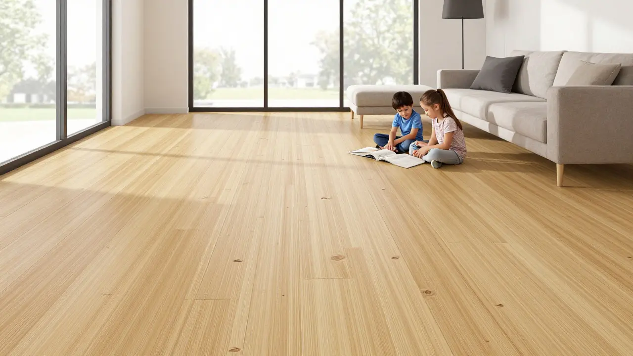 Světlá bambusová podlaha v moderním českém bytě s rodinou a přírodním osvětlením.