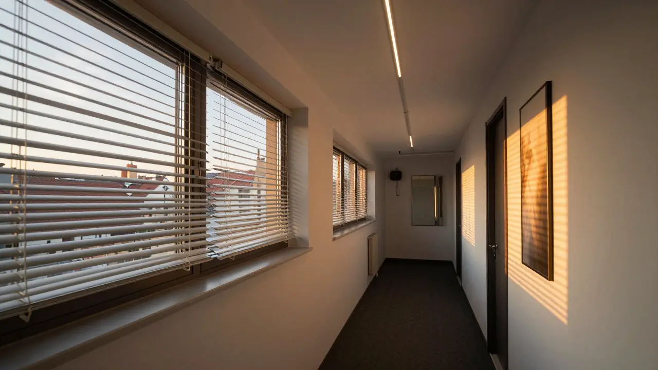 Tmavá chodba osvětlená světlovodem z krovu, odrazující světlo zrcadlem a jemně doplňovaná teplým umělým osvětlením.